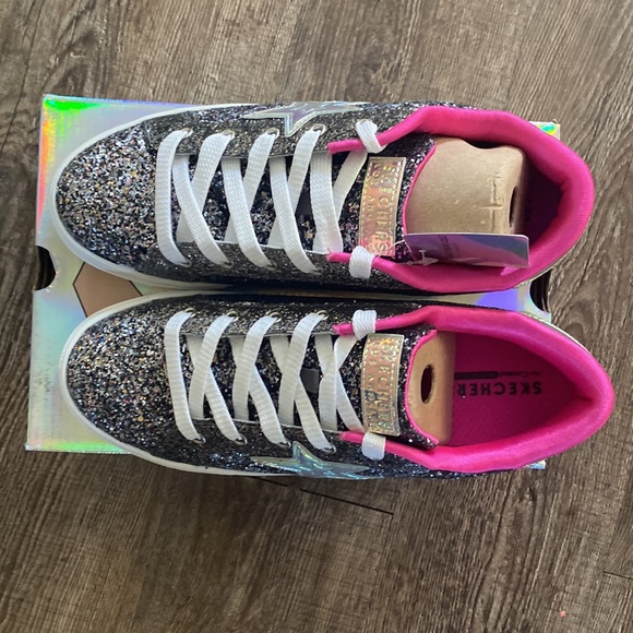 Skechers Shoes Girls Size 6 Sparkle Sneakers Black Youth Lace Up iridescent - Picture 3 of 10
